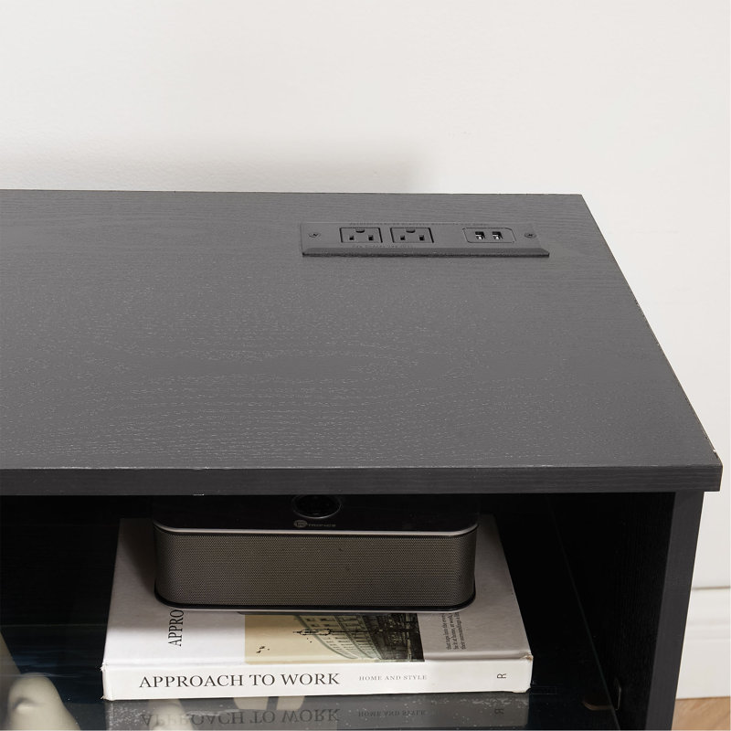 Meuble télé noir avec foyer électrique 3D et tablettes en verre, l 58 po x P 15,5 po x H 24,4 po, pour meuble télé de 32 à 62 po, flamme réaliste, éclairage à DEL, port, noir, l 58 po