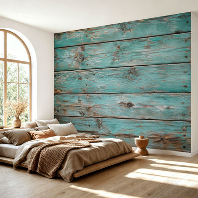 Papier peint adhésif auto-adhésif en bois patiné en bois bleu délavé sarcelle, vert turquoise, vert, vert et bleu