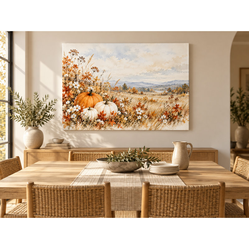 Paysage champêtre de citrouilles orange et blanches, emballé dans Ingwer, L 48 po x H 36 po x P 1,5 po