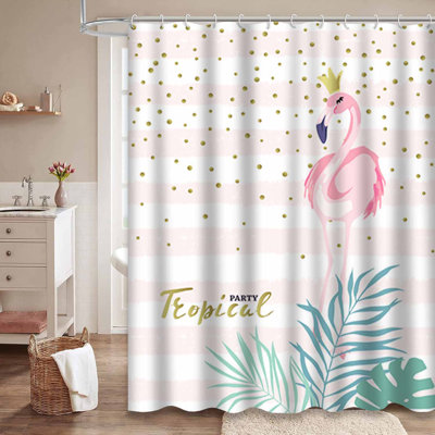 Waterproof Cute Watercolor Animal Birthday Flamingo Summer Shower Curtain with 12 Hooks
