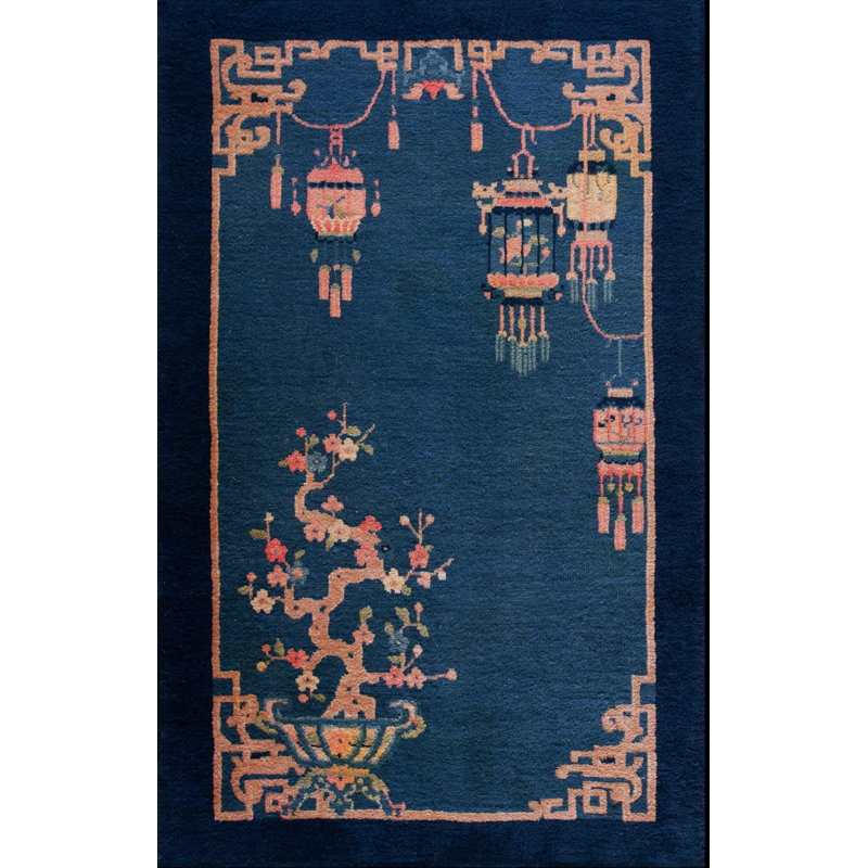 Small Antique Early 20th Century Blue Chinese Art Deco Carpet