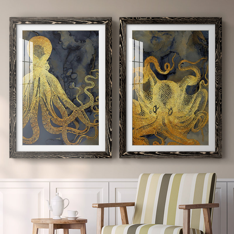 Encre pieuvre dorée et bleue I-Premium, reproduction encadrée - prête à être accrochée, Noir, H 31,5 po x l 88 po x P 1,5 po