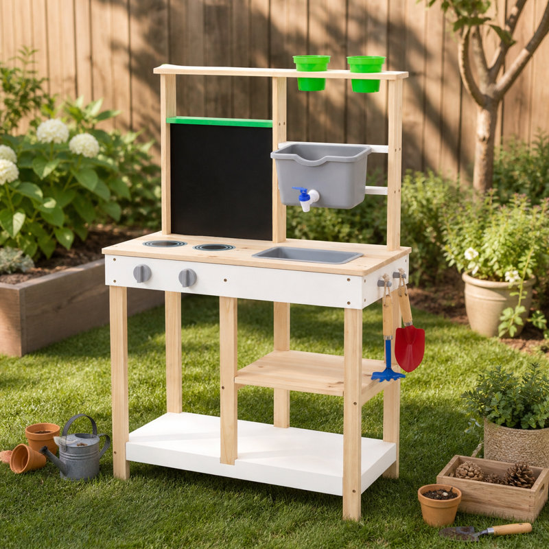 Teamson Kids Clover Wooden Mud Kitchen With Water Station And Chalkboard