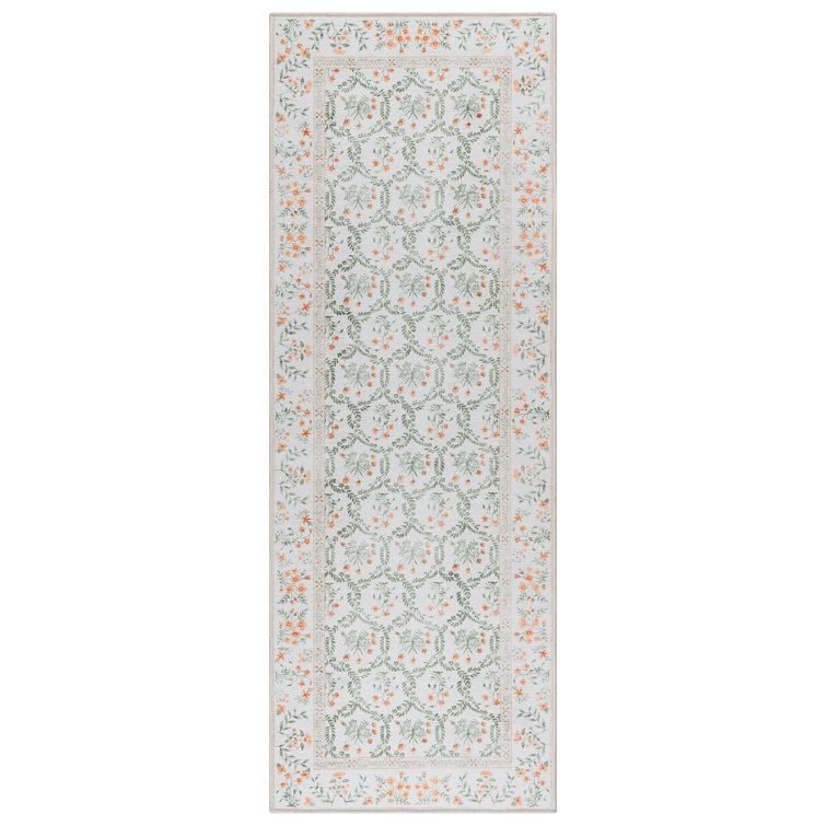 Rayna Vela Ivory Green Orange Machine Washable Transitional Leaf Floral Border Indoor Area Rug, Flat Pile for Living Room & Bedroom