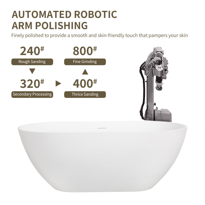 59" x 30" Freestanding Soaking Solid Surface Bathtub Stone Resin Bath Tub with Overflow and Pop-up Drain for Contemporary Bathroom, Matte White