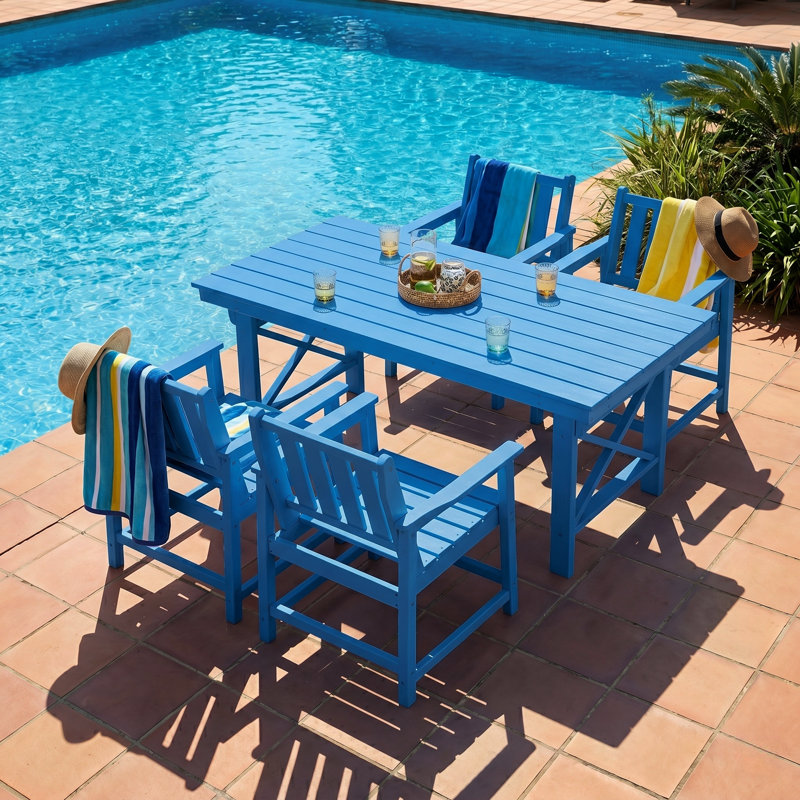 Ensemble de salle à manger d'extérieur en plastique PEHD blanc 7 pièces avec 6 fauteuils et une table rectangulaire, Bleu