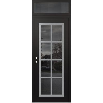 C16 Right-Hand 36 In. X 96 In. Panel Silver Steel Black And Black Mirrored Glass With Transom Mirrored Glass Prehung Front Entry Door