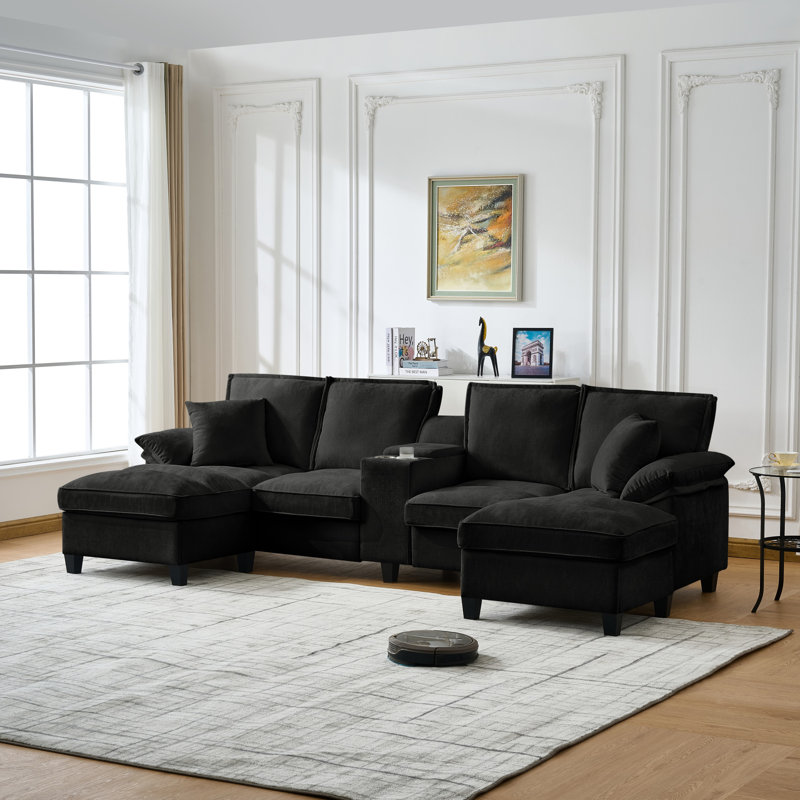 122" U-Shaped Cloud Sectional Sofa With 2 Storage Ottomans, 4-Seater Convertible Couch With Cup Holders & USB Charging Ports, Upholstered Fabric Sofa With Hidden Storage For Living Room, Apartment