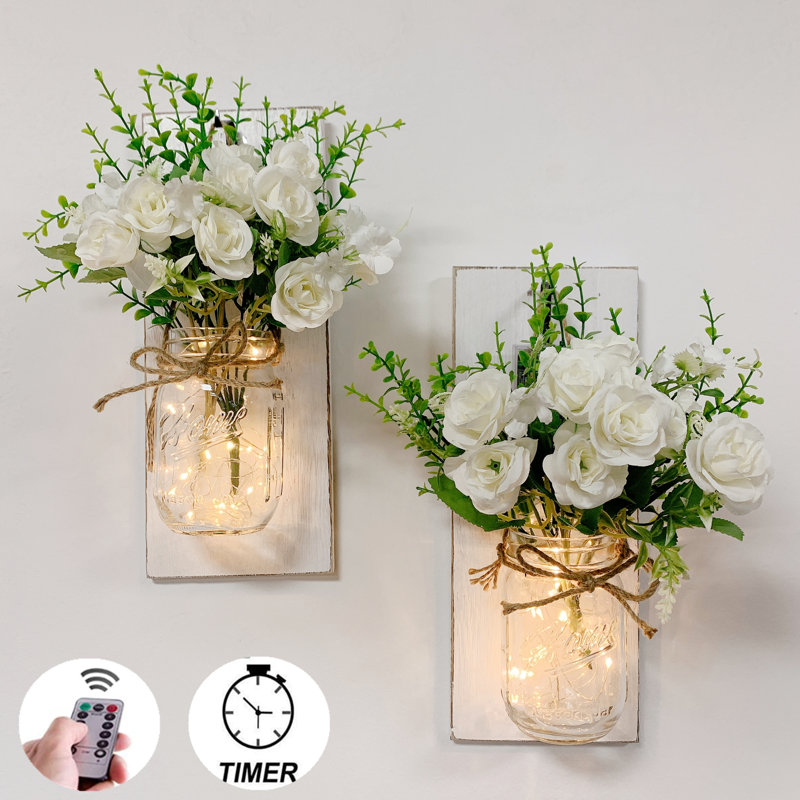 2-Pack Rustic Wall Sconces with Mason Jars, Led Fairy Lights, Remote Control, White