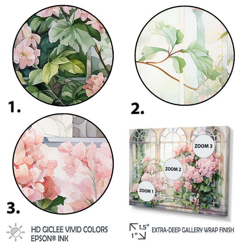 «Pink Blossoming Country Window Gaze III», art mural grande fenêtre, Cadre de coin blanc fermé, H 30 po x l 40 po x P 1,5 po