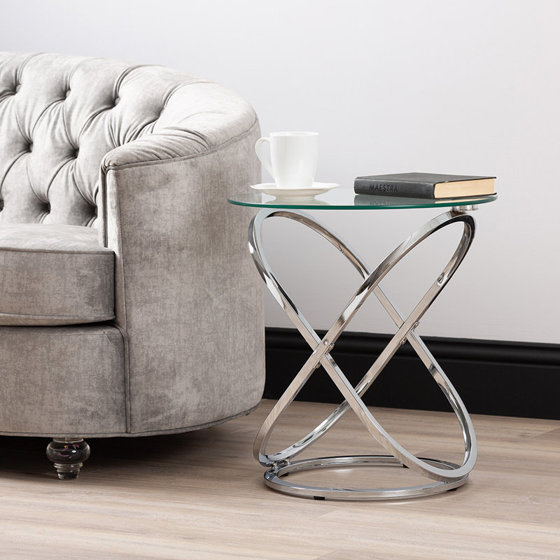 Round Sofa Table for Living Room Furniture, 61cm Metal Bed Side Table, End Table, Silver/Chrome
