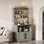 Étagère de cuisine autoportante avec prise de courant - Blanc et bois de poire avec comptoir épais, 3 tablettes et armoire fermée pour la salle à manger, gris-855507643