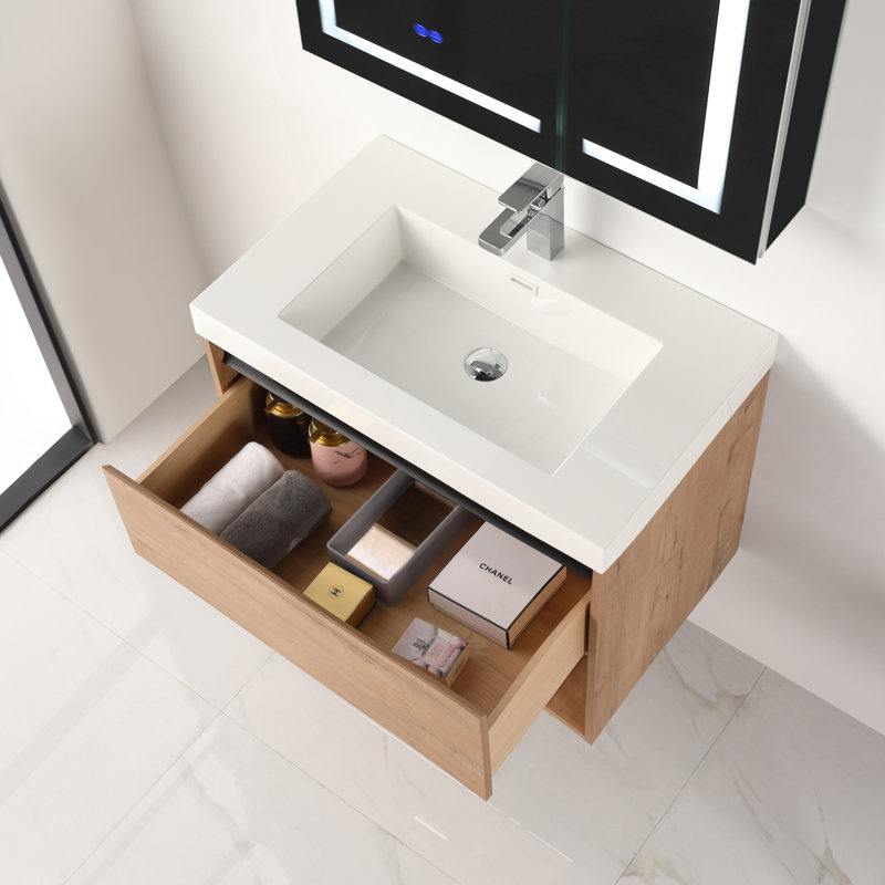 Khaleia 30" Wall Mounted Bathroom Vanity with Acrylic Sink – Modern Design Floating Wood Vanity Cabinet with LED Lights – Soft-Close Storage & Integrated Basin