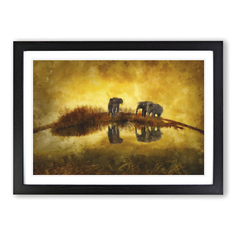 Elephants at Sunset - Framed Print, 36cm H x 48cm W x 2cm D, Black Framed