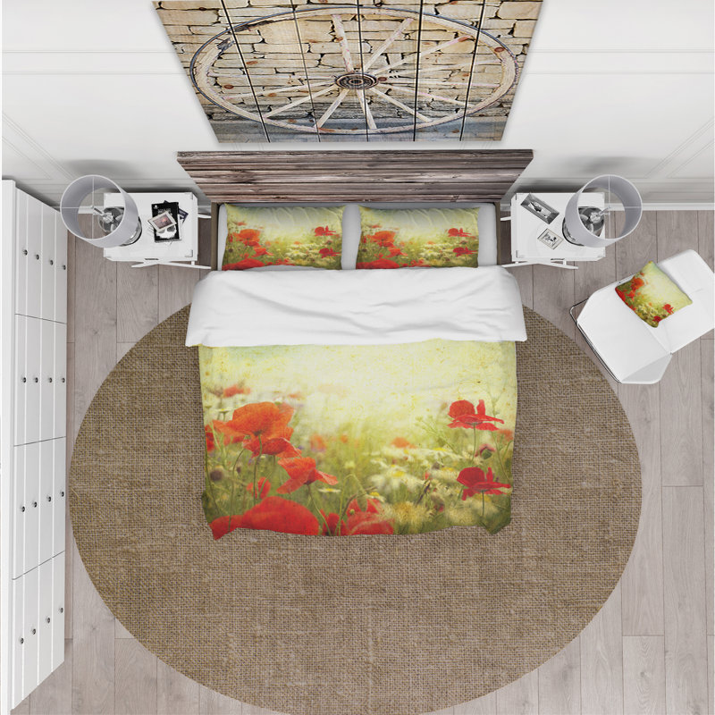 Grunge Red Poppies Floral Microfiber Duvet Cover Set
