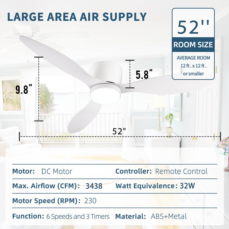 Ventilateurs de plafond encastrés intelligents de 52 po avec télécommande, moteur à courant continu silencieux, ventilateur de plafond blanc intérieur à profil bas, commande avec application Alexa WIFI, intensité variable, pales en ABS, pour patio de chambre à coucher moderne