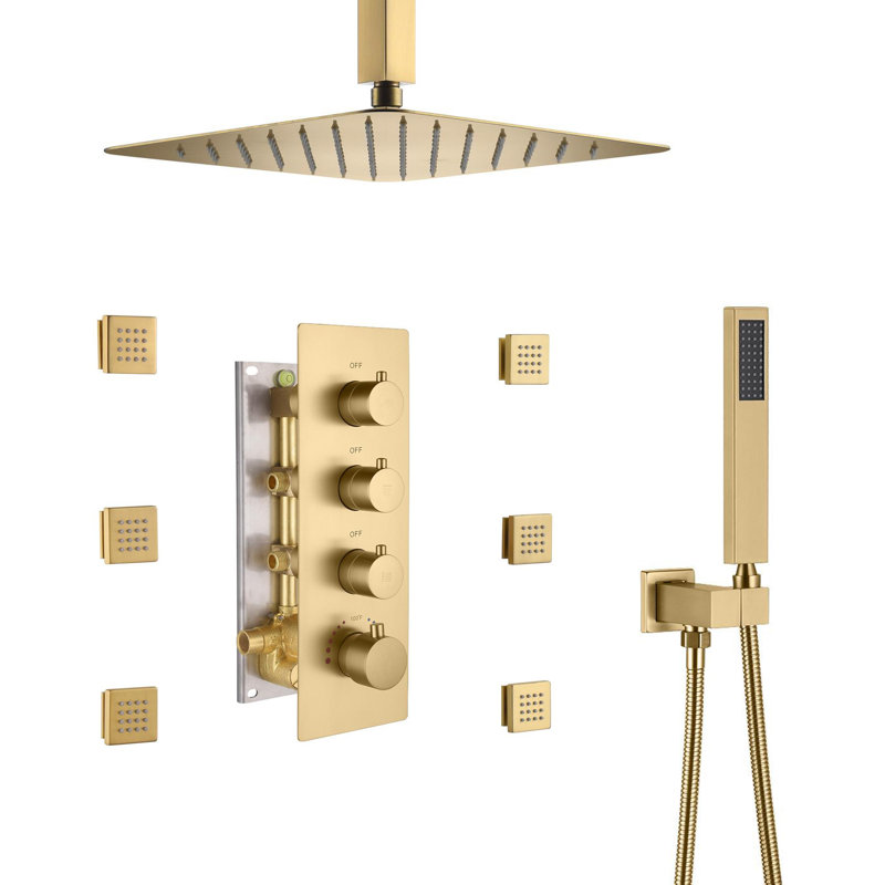 Herathena 3 Functions Ceiling Mounted Luxury Shower System with 6 Body Jets (Rough-in Valve Included), Brushed Gold