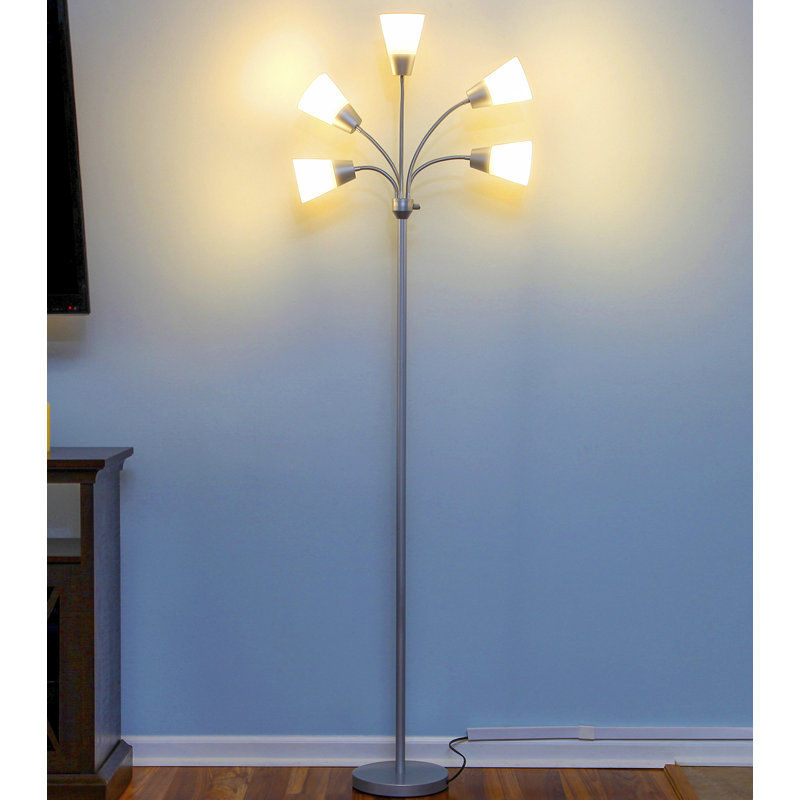 Silver 78" Adjustable 5-Light LED Floor Lamp with White Shades