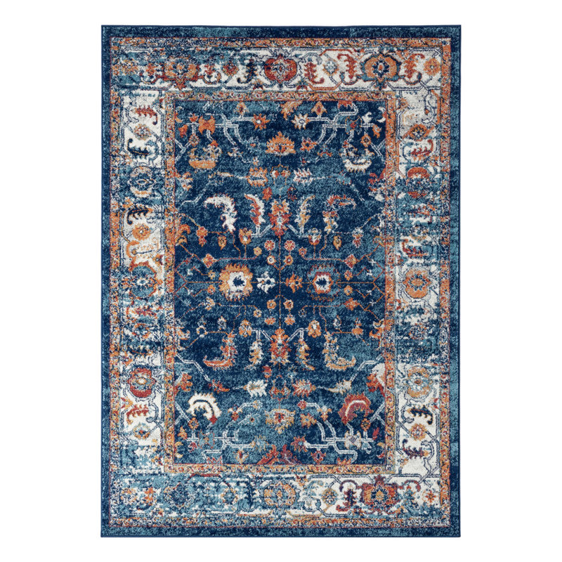 Tapis oriental tissé à la machine 5 pi x 8 pi bleu rouille et orange