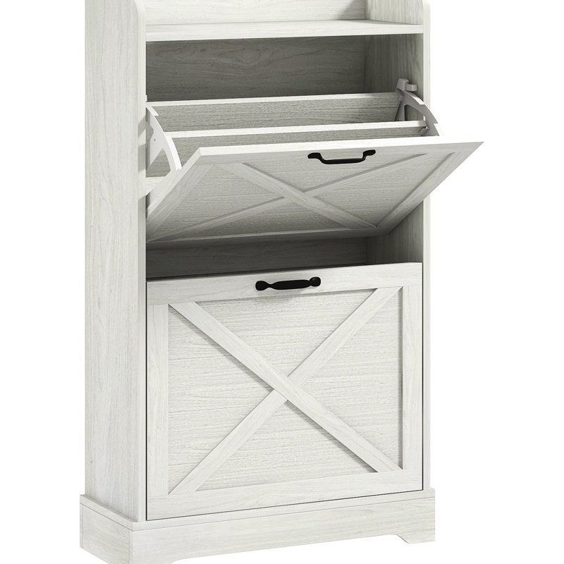 Entryway Shoe Chest, 2 Flip Drawers & Adjustable Shelves, Stores 8 Pairs, White Distressed Design Storage, Holds Pairs Of Shoes, Cabinet
