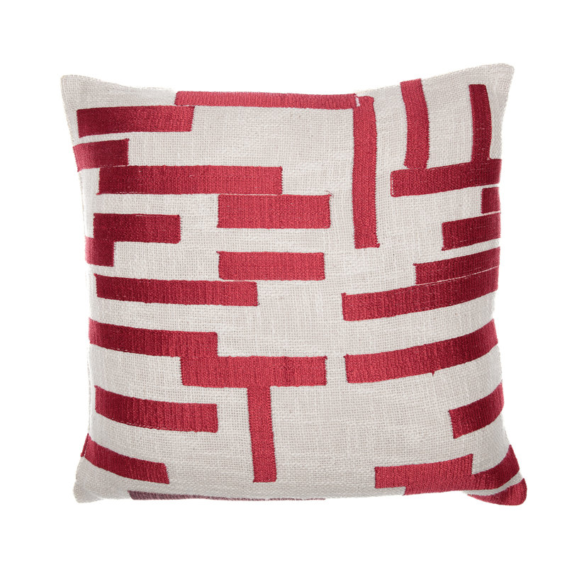 Housse de coussin en mélange de coton à formes géométriques brodées, Rouge / ivoire, 20 po x 20 po