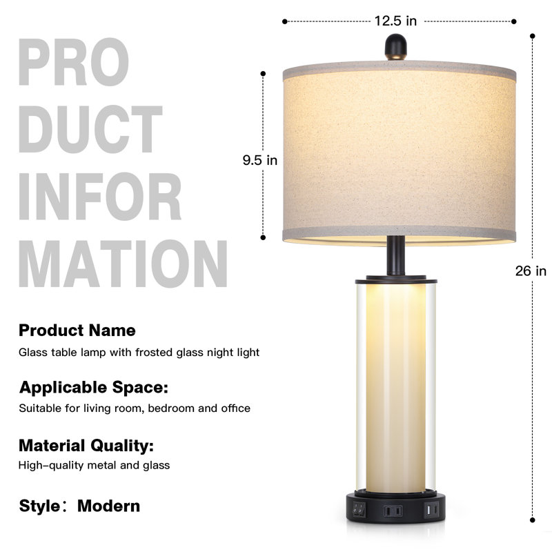 Lampe de table 26 po à contrôle tactile moderne en verre avec deux ports USB, Blanc cassé, Beige