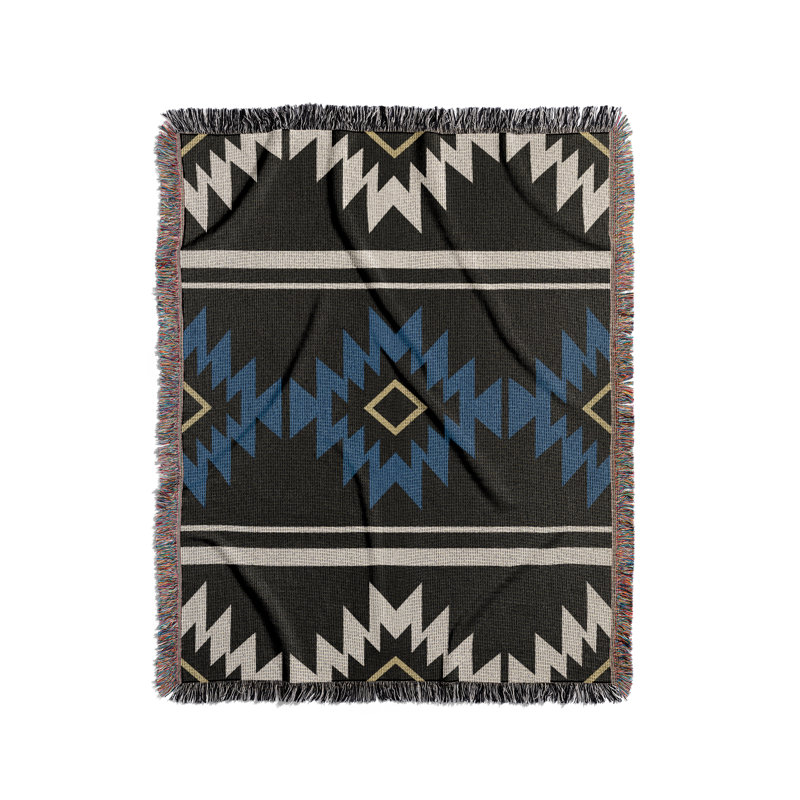 Wapi South Western Cotton Blend Blanket Throw, 70" L x 50" W, Blue/Black/Off-White