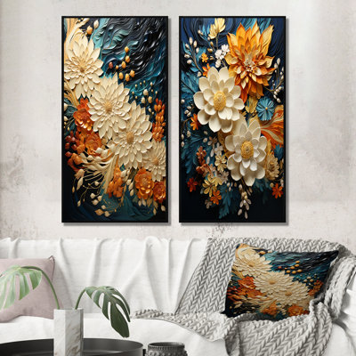 Tourbillon botanique orange sarcelle II - ensemble d'art mural abstrait de 2 art mural moderne pour la décoration intérieure