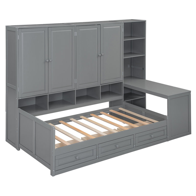 Wooden Daybed With Three Drawers, and All-in-One Cabinet, Desk and Shelves, Gray, Twin