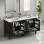 Meuble-lavabo de salle de bain avec double vasque en céramique, portes à fermeture en douceur, tiroir de rangement et tablette noire pour un rangement élégant-364651631