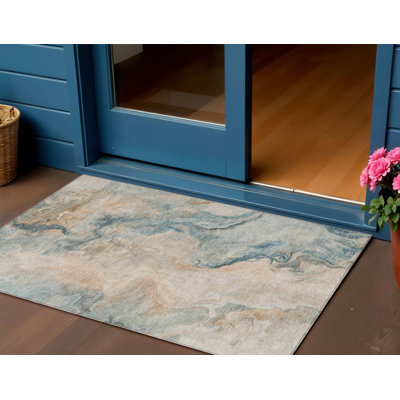 3' X 5' Teal Blue Coral And Ivory Abstract Washable Indoor Outdoor Area Rug