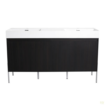 Meuble-lavabo autoportant 60 po avec double lavabo en résine, armoire de rangement avec portes à fermeture douce (ensemble KD)