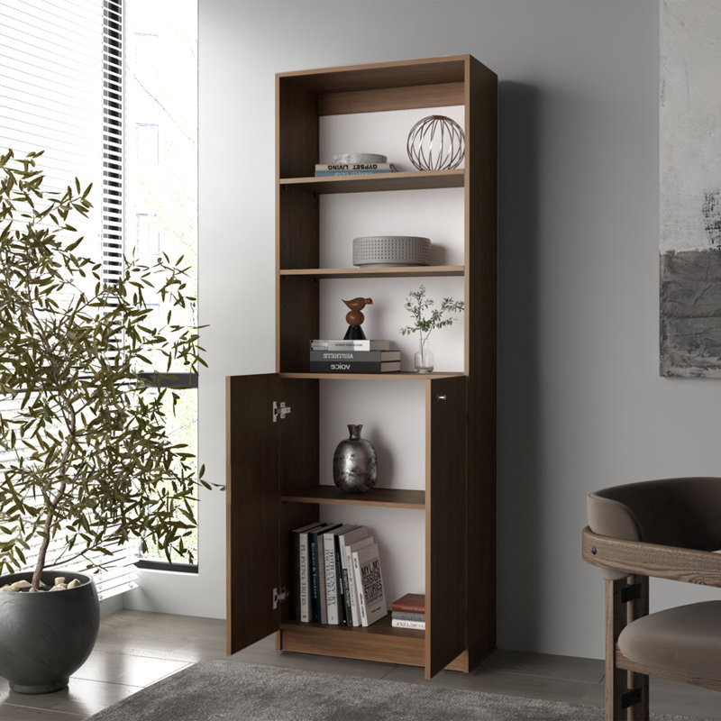 Bibliothèque à 2 portes en chêne naturel avec rangement ouvert, Marron foncé