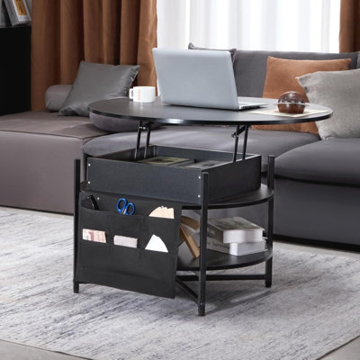 Table basse ronde à plateau relevable pour le salon, table basse ronde de 35,3 po avec rangement et compartiment caché, table basse circulaire avec lumière DEL, noir