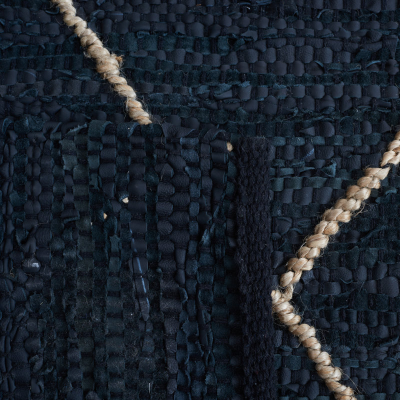 Anaisa Vintage Leather Hand Woven Leather/Jute/Cotton Geometric Rug in Black/Natural, Rectangle 8' x 10'