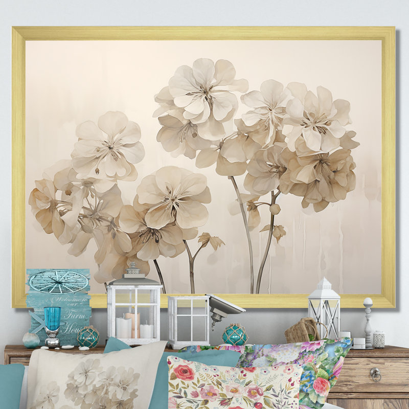 «Minimalisme géraniums beige I» sur toile, Cadre doré simple, H 16 po x l 32 po x P 1 po