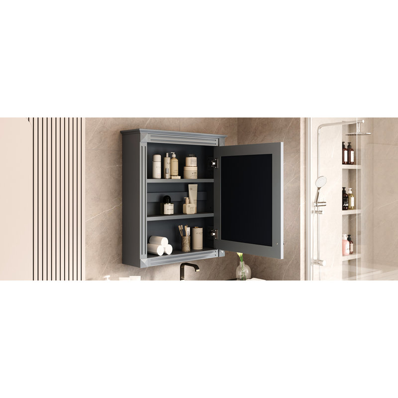 Armoire de salle de bain murale 24 po x 27 po avec miroir, teinte grise, tablette réglable pour miroir de rangement 27 po et fonction d'économie d'espace