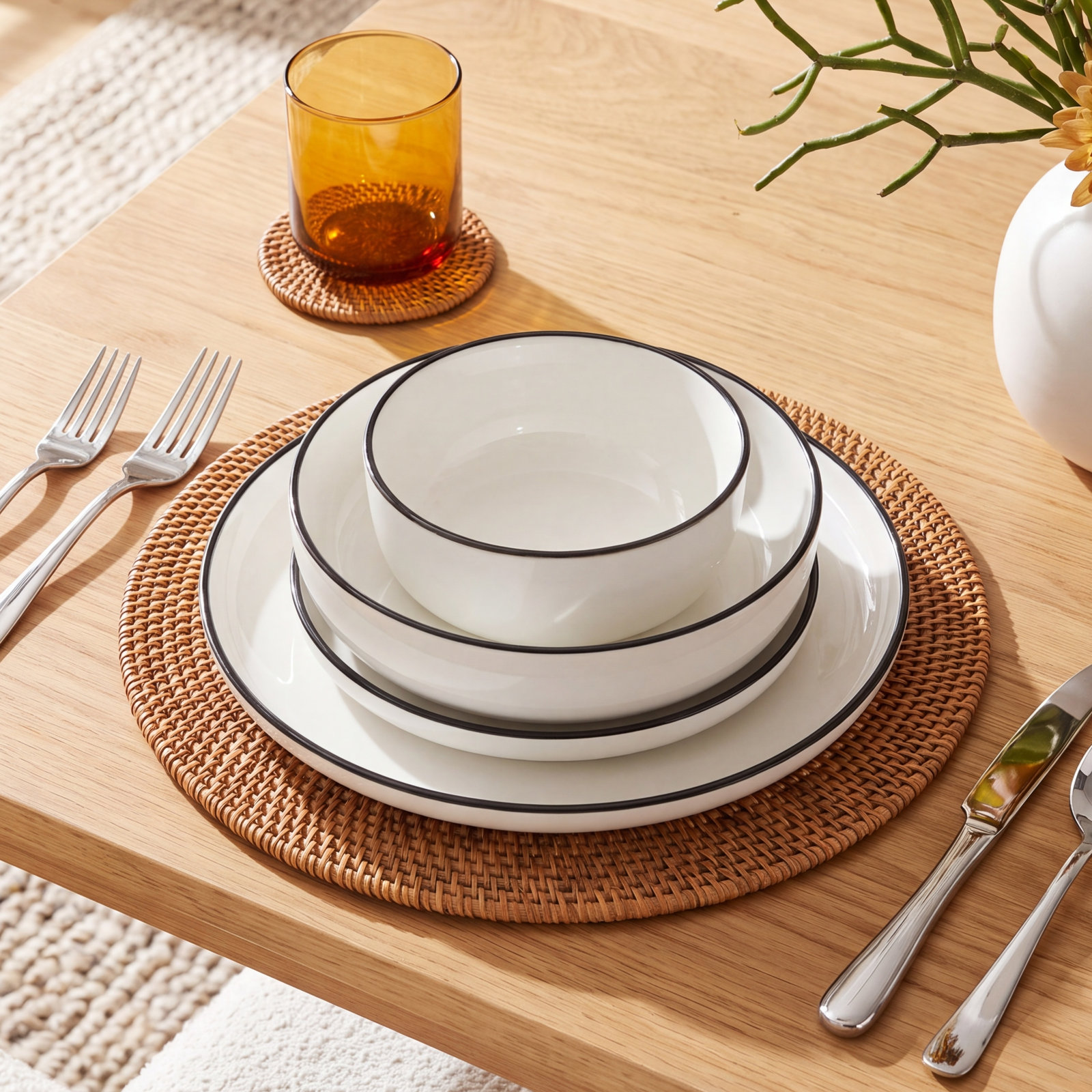 Gibson Home Oslo 16 Piece Dinnerware Set, White/Black Rim