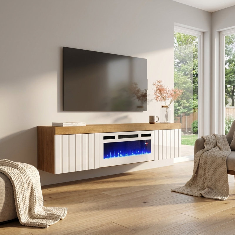 Floating 70.9" Modern TV Stand with Electric Fireplace, High Gloss Finish, Wall-Mounted, Oak/white