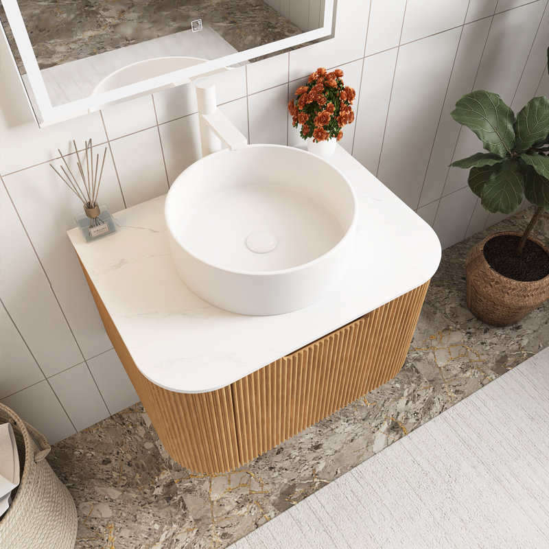 Meuble-lavabo flottant mural 24 po avec lavabo, Bois naturel