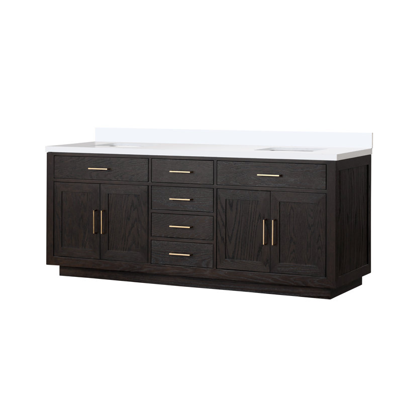 84" Double Bathroom Vanity Set, Black Oak, White Quartz