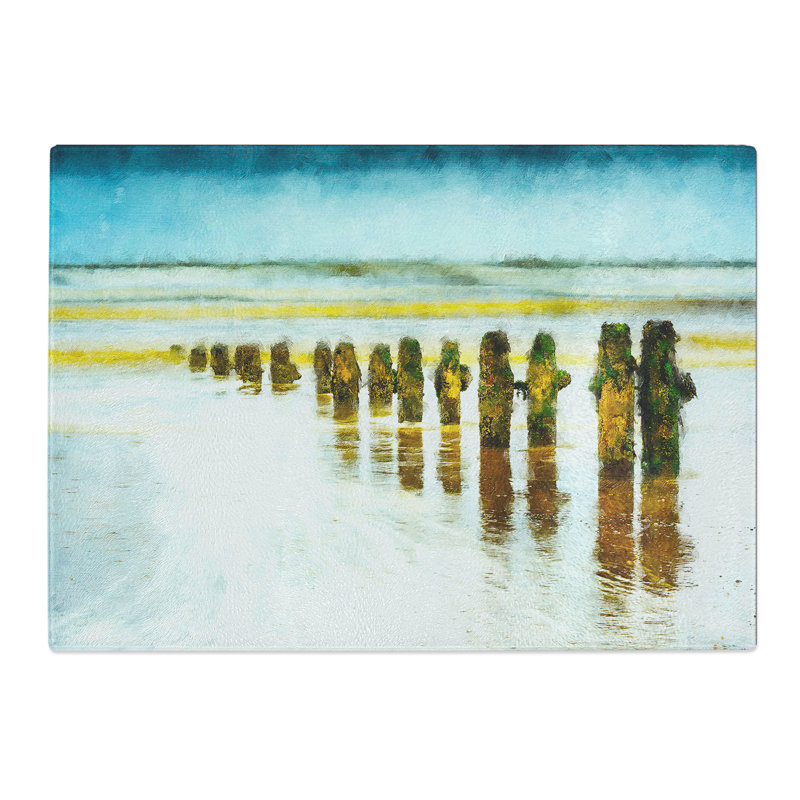 Tempered Glass Groynes on Whitby Beach Chopping Board, 28.5 cm x 39 cm