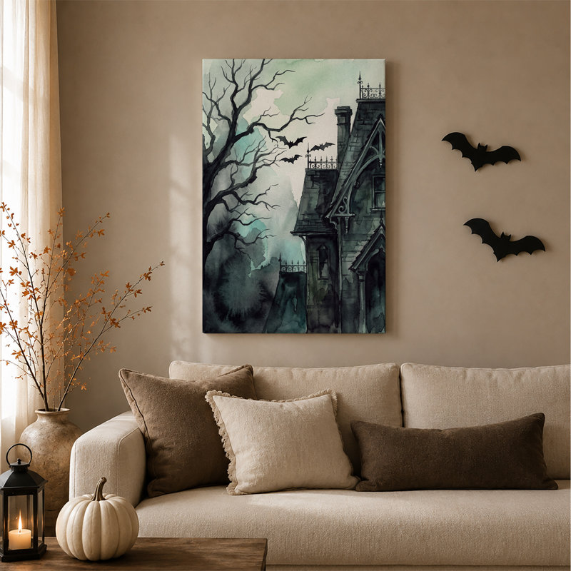 Maison gothique sombre avec chauves-souris aux tons turquoise, aquarelle sur toile, tableau mural d'Halloween