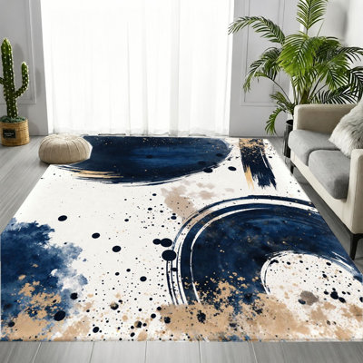 Tapis tourbillon à encre bleu marine moderne et moderne, motif artistique brossé à éclaboussures bleues et dorées, tapis antidérapant doux et durable lavable à la machine, décoration intérieure élégante pour salon, chambre à coucher, entrée, 