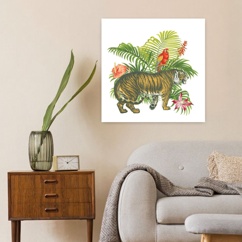 «In The Jungle I», art abstrait rétro, oiseau, chat, palmier, paysage, H 24 po x l 24 po