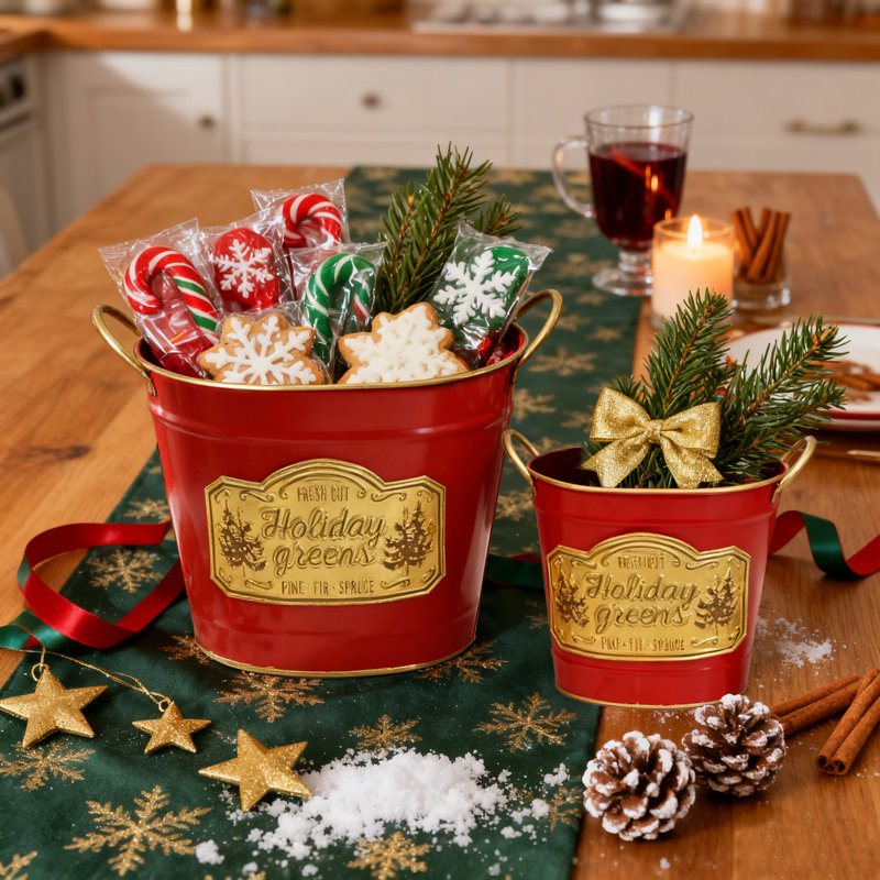 Seau de Noël en métal avec emblème «Fresh Cut», seau décoratif des Fêtes et contenant de rangement pour centre de table, manteau de cheminée et décoration de Noël intérieure