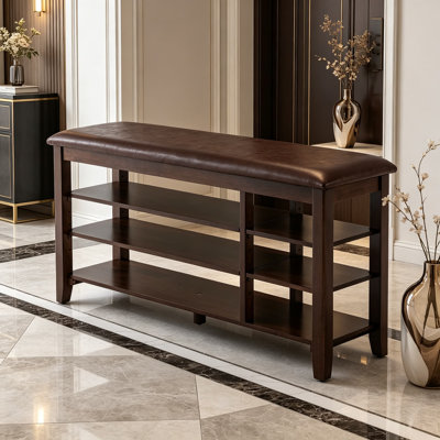 Range-chaussures pour hall d'entrée avec banquette, banc de rangement pour chaussures en bois d'hévéa à 3 niveaux avec tablettes amovibles réglables, range-chaussures pour vestibule de vestibule, 47,4 po de largeur