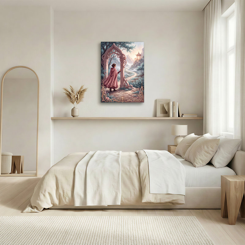 Woman In Pink Cloak At Gothic Archway Viewing Misty Canvas Wall Art, 24"H x 16"W
