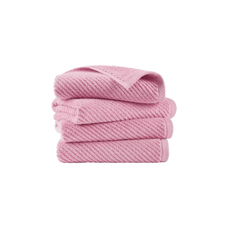 4-Piece 100% Cotton Quick Dry Diagonal Ribbed Hand Towel Set, Pink