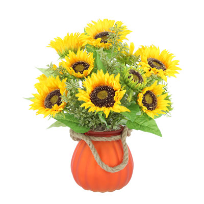 Linneus Fall Arrangement with Sunflowers and Tea Leaves in Pumpkin Vase
